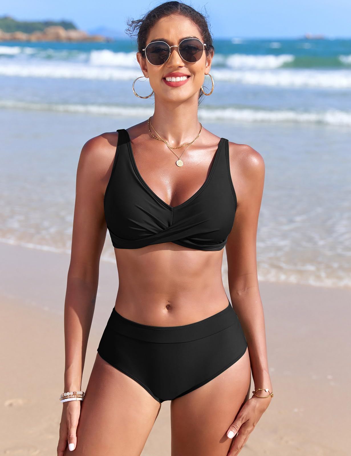 Nadeer Damen Bikini Set High Waist Zweiteiliger Badeanzug Elegant Crossover Bustier Bademode V Ausschnitt Push Up Swimsuit