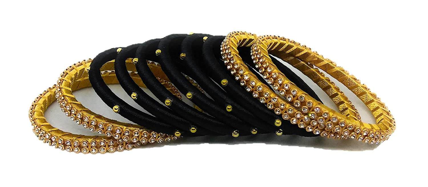 pratthipatis Silk Thread Bangles Plastic Set For Womens & Girls Color (Black-Gold) (Pack of 10) (Size-2/4) (B0CZJRJVJ9) Amazon Price History, Amazon Price Tracker