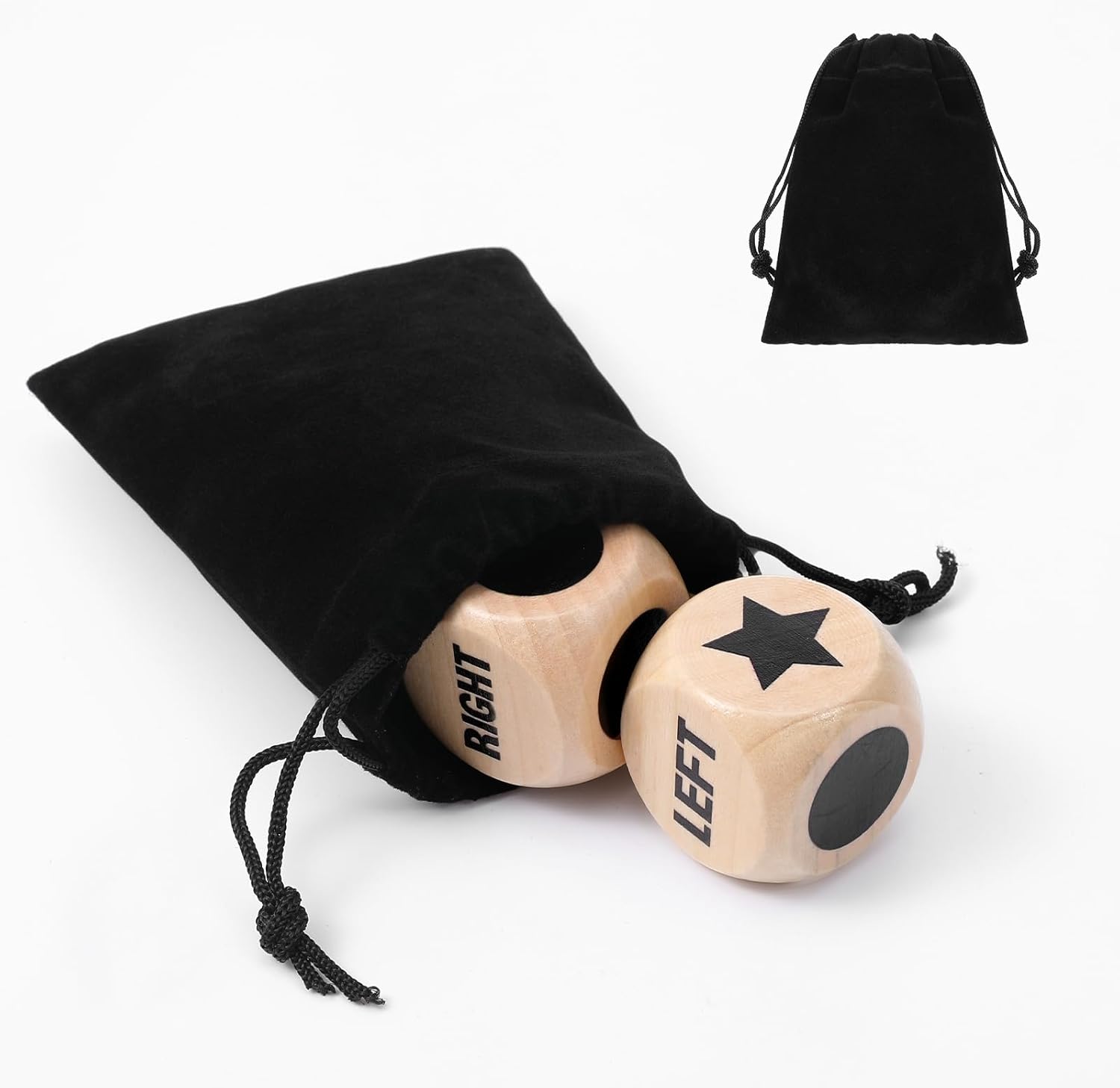 3Pcs Left Right Center Game Dice 1.2 Inch Fun Left Right Roll Dice Game Set Lotus Wood Dices with Drawstring Bag Wooden Dices Accessorie Easy to Store and Carry Around for Travel