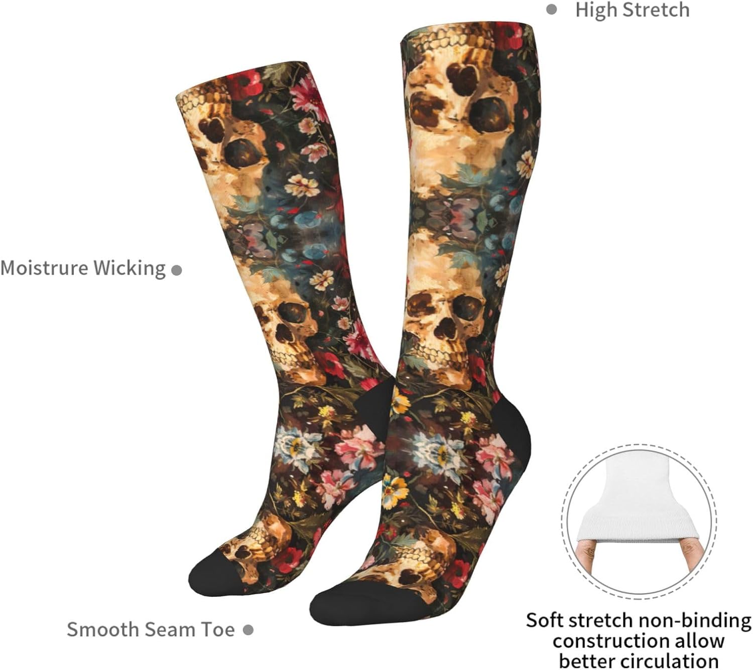 Floral Skull Print Breathable Crew Neck Athletic High Socks,Suitable For Sports,Running,And Travel.