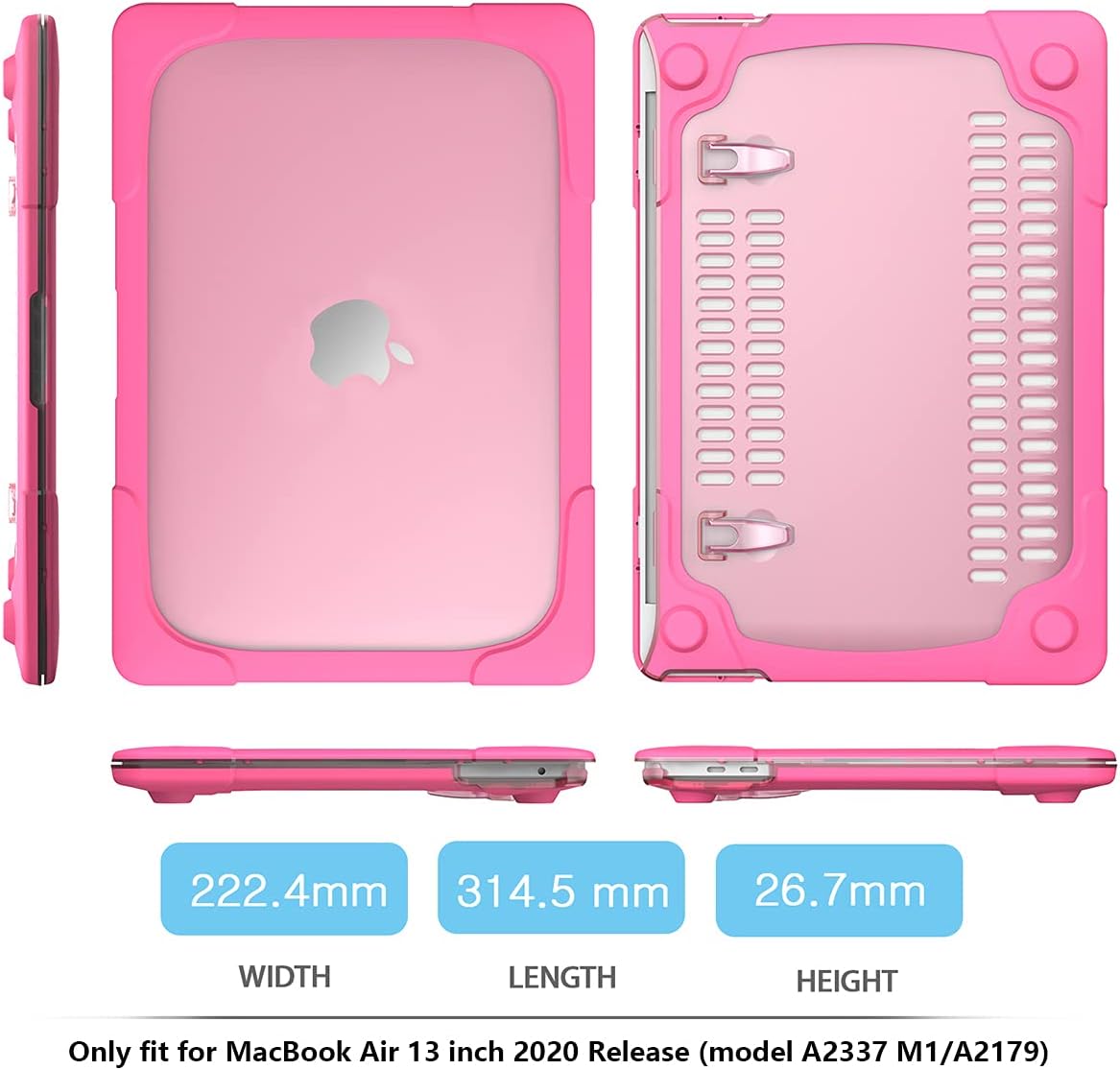CISSOOK Heavy Duty Shockproof Case with Kickstand for MacBook Air 13 inch 2021-2018 Release Model A2337 M1 A2179 A1932 with Touch ID, Dual Layer Hard Shell, Rose Red