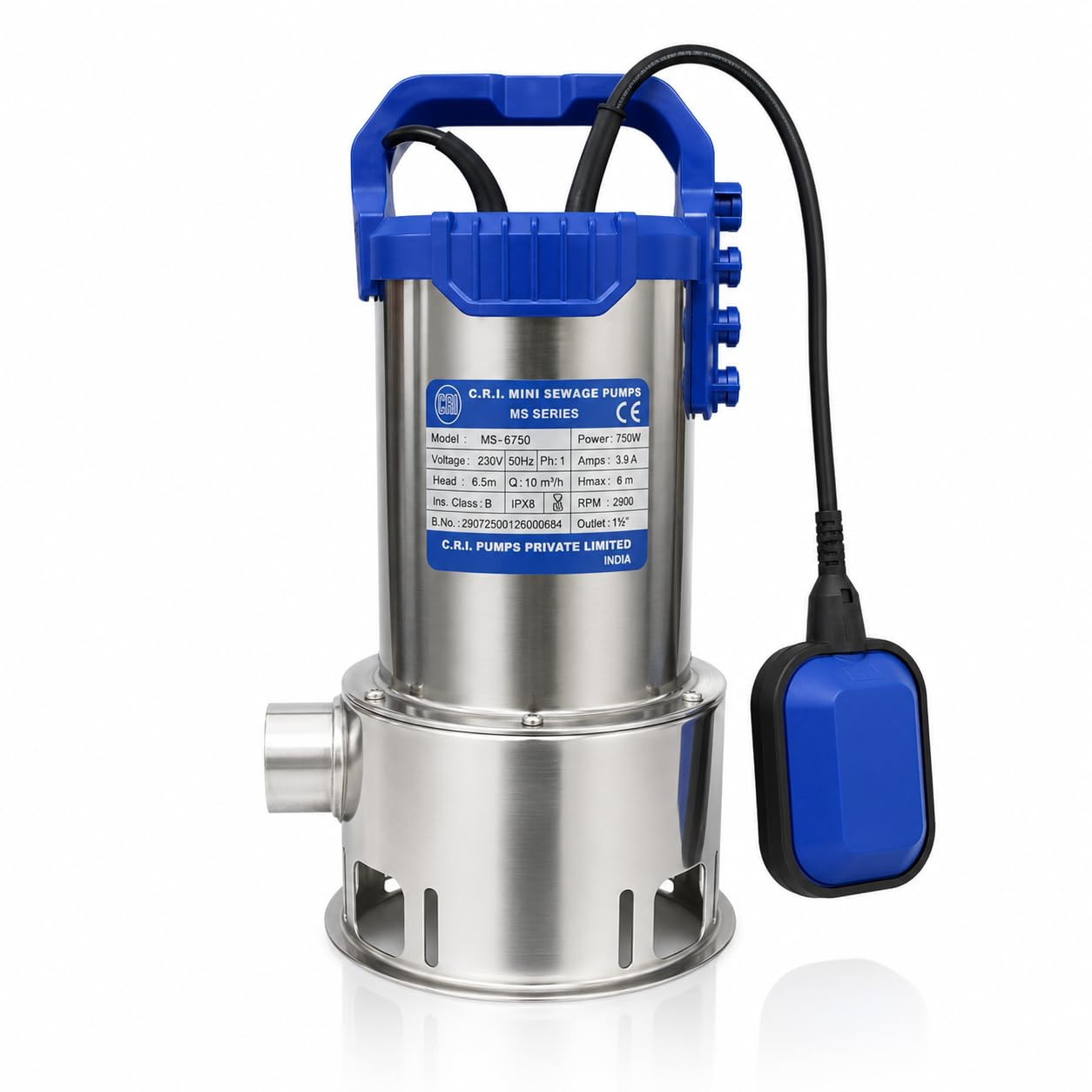CRI Single Phase MS- Series, 1Hp/750W Submersible Sewage Pump with Float Switch (12000 L/H, Head 8m) I Water Drainage Pump | Water Pump 1hp | 15 Months Warranty-picture-12