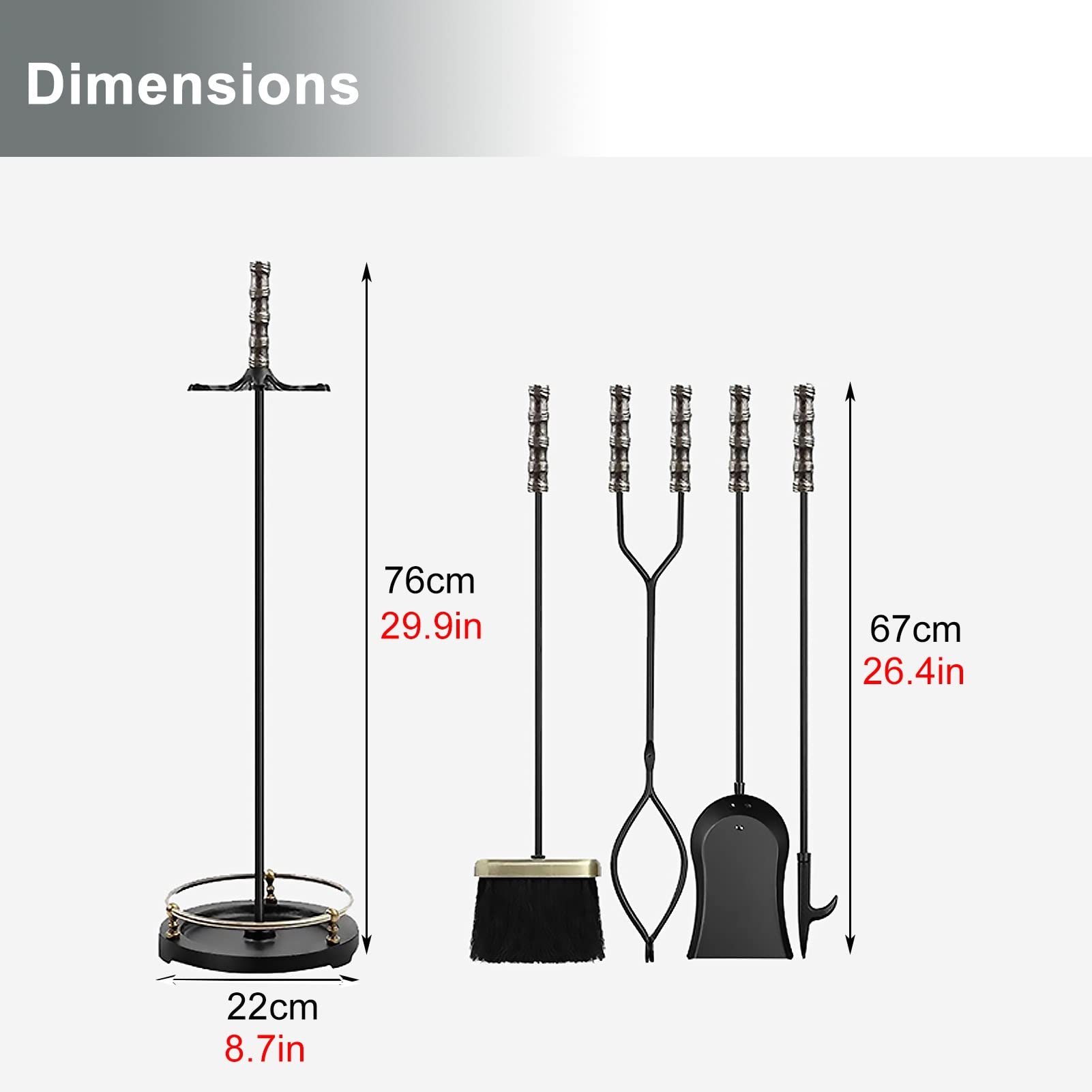 Set di attrezzi per caminetto con maniglia, 5 pezzi in ferro per camino con piedistallo, kit di accessori in legno antico per esterni