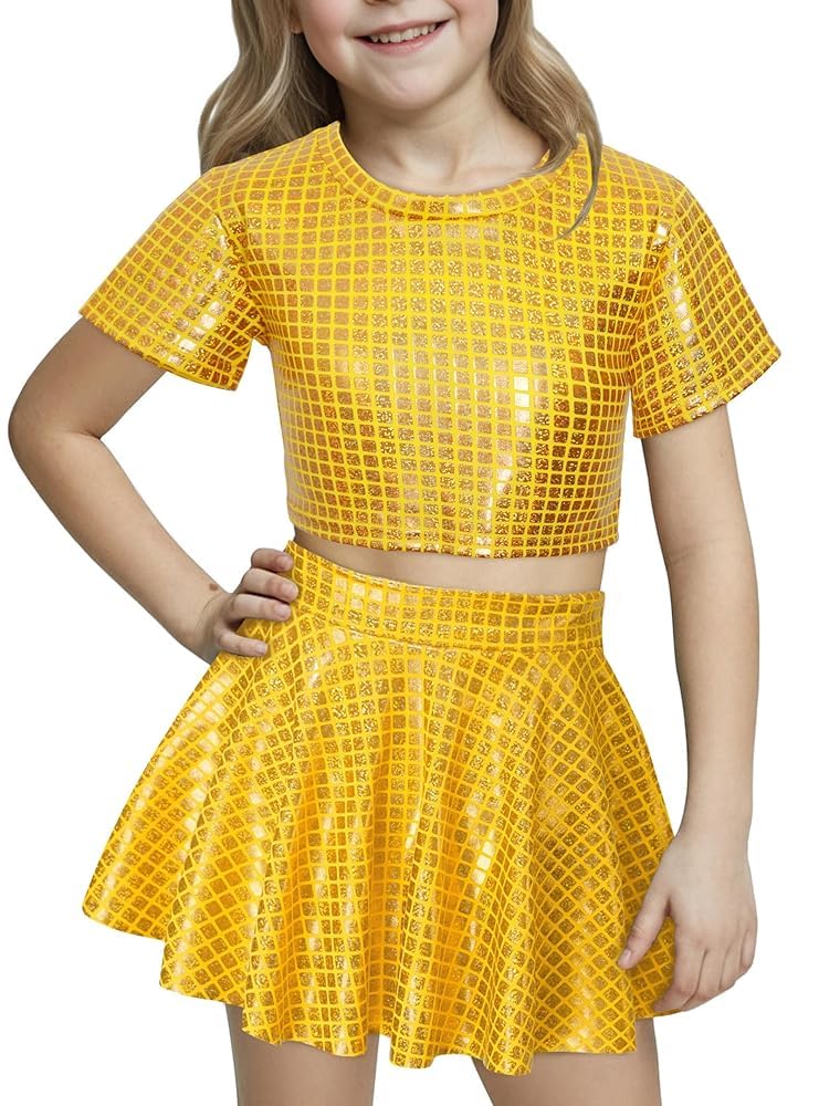 Happy Cherry Kid Girl Shiny Skirt and Top Set 2 Pcs Short Sleeve Metallic Disco Crop Top &amp; Pleated Mini Skirt Set