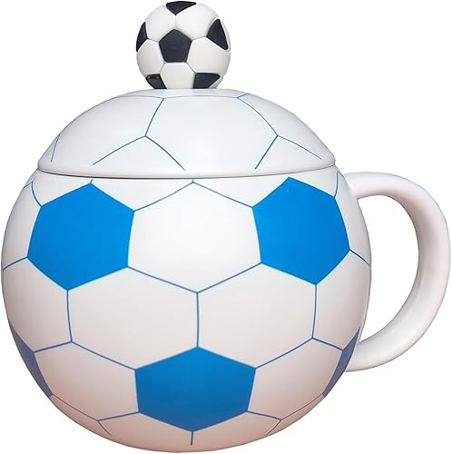 Taza de fútbol de cerámica de 13.5 onzas, tazas de fútbol para té caliente, capuchino, moca, cacao, blanco para el día de Navidad (azul)