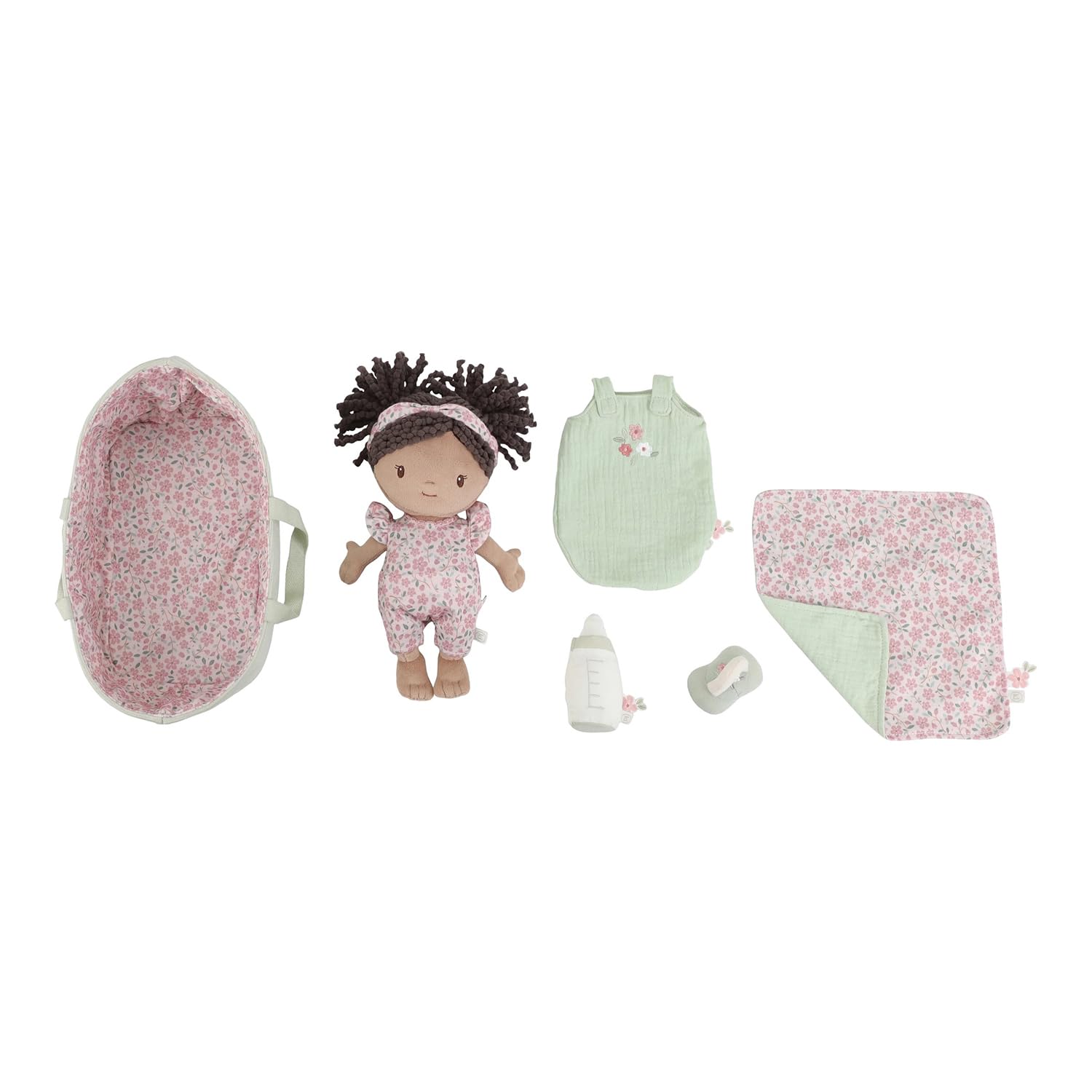 Little Dutch Stoffpuppe Babypuppe Evi im Tragekorb - mit magnetischem Schnuller und Trinkflasche - inklusive viel Zubehör - für Mädchen ab 12 Monate - Mint | Babypuppe mit magnetischem Schnuller und Trinkflasche, für Mädchen ab 12 Monate