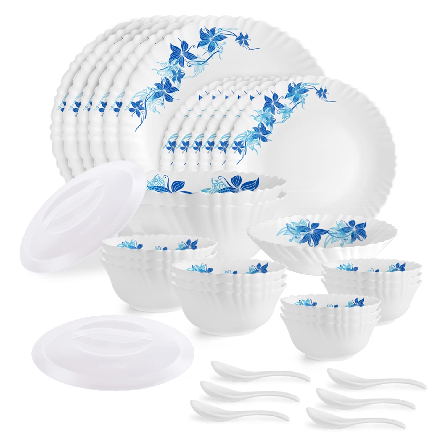 Cello Opalware Dazzle Series Blue Swirl Dinner Set, 35 Units | Opal Glass Dinner Set for 6 | Light-Weight, Daily Use Crockery Set for Dining | White Plate and Multipurpose Bowl Set