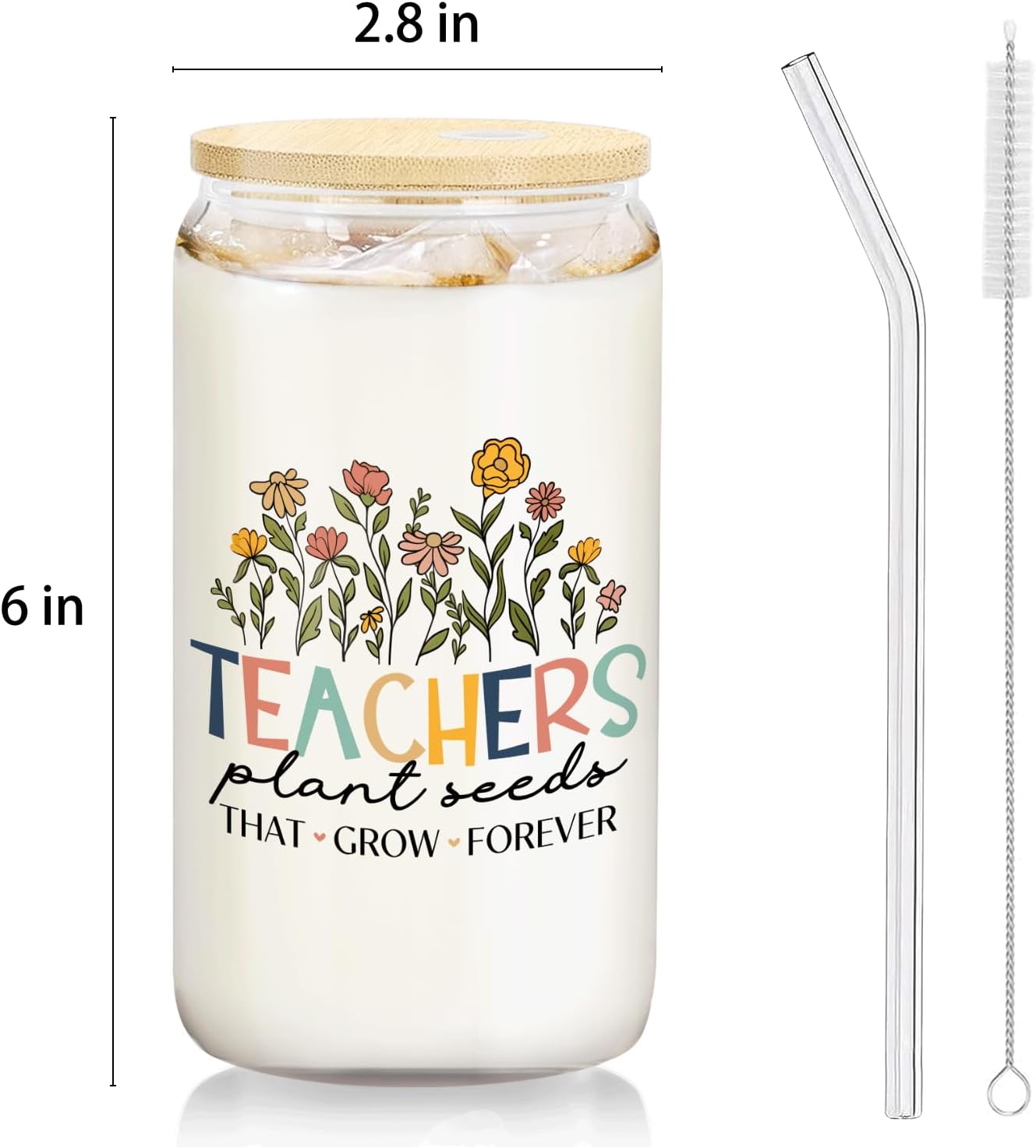 Floral Teacher Glass Cup with Lids and Straws 14oz, Thank You Teacher Gifts, Best Teachers Gifts for Women Glass Iced Coffee Tumbler Drinking Jars with Cleaning Brush - Image 5