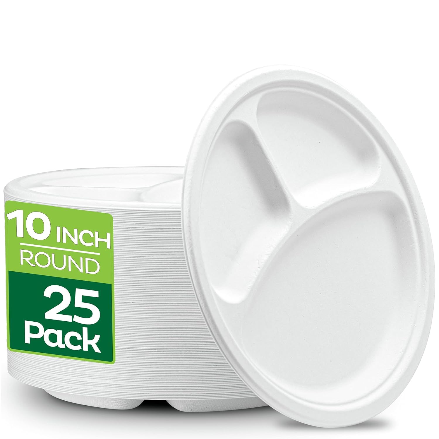 ARTIES Eco Friendly 3 Compartment Disposable Plates [10 inch 25 Pack], Heavy Duty Sugarcane Plates for Serving Snacks | Home Party & Dinner,Business meetup,Wedding Biodegradable