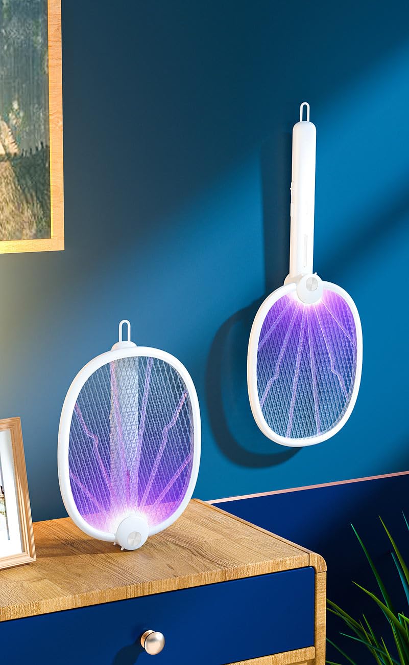 Exbuster Insekten-Schutze: 4er-Set 2in1-Akku-Insektenvernichter & Fliegenklatschen mit UV-LEDs (Fliegenklatsche ohne Flecken, Anti-Mücken-Lampe, Motten)