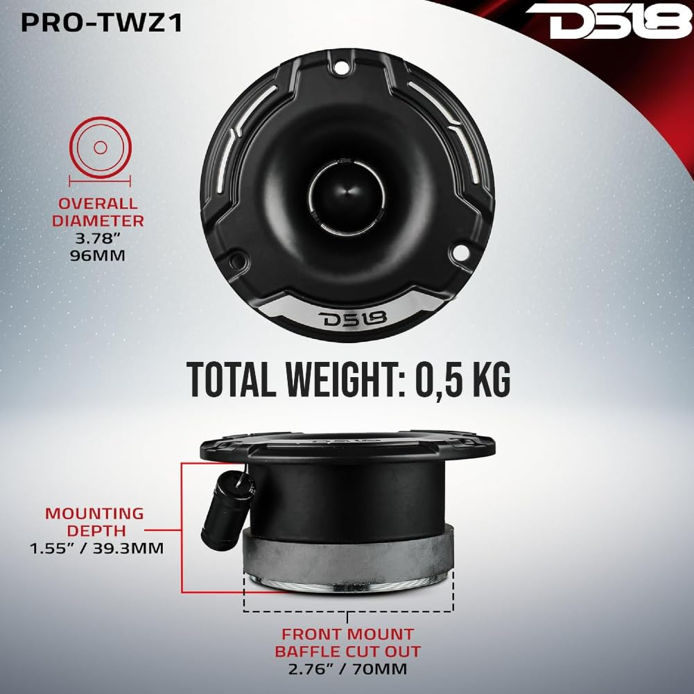 ZESTAW DO DS18 PRO-TWZ1 2 superbulletowe głośniki wysokotonowe 9,6 cm, średnica 96 mm, 100 W RMS i 200 W maks., 4 ohm, czułość 105 dB, głębokość 4 cm, jako para + akcesoria