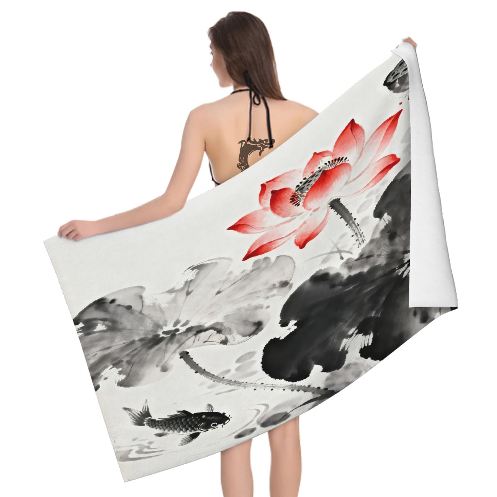 Leichong 3D Ink Wash Lotus Painting Beach Towel Large Microfiber Soft Quick Dry for Adults, Lotus Bath Towel Lightweight Soft Absorbent for Travel Swimming Pool Sports, 80 x 160 cm