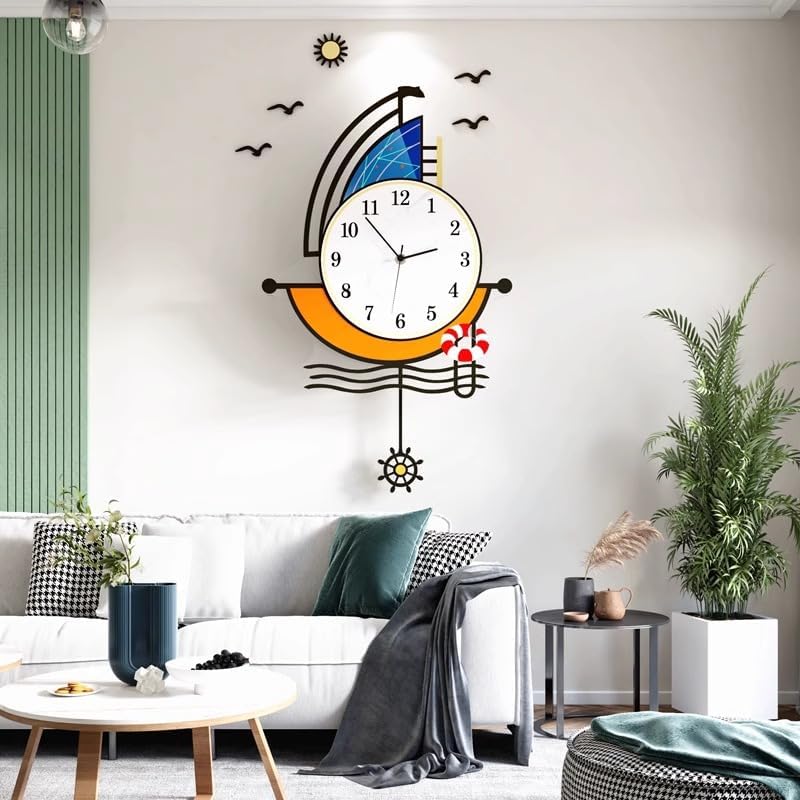 Miniatura 3 de Reloj de pared moderno con pilas, 23 pulgadas, diseño de barco grande, relojes de pared de péndulo para decoración de sala de estar, reloj