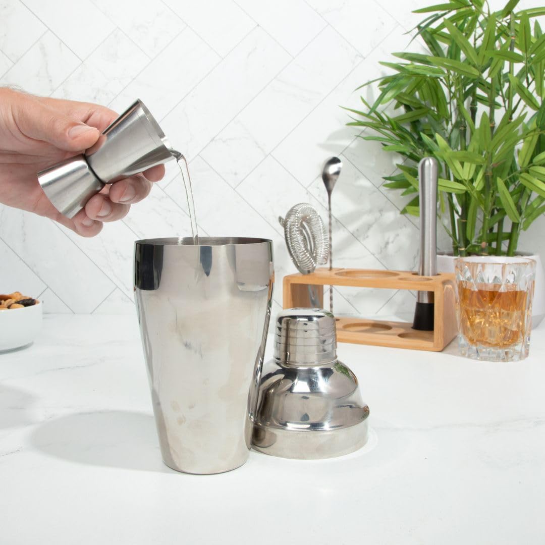 Juego de coctelera de alta calidad con soporte de bambú, kit de herramientas de barra de 4 piezas, juego de barman de acero inoxidable con agitador, medidor, cuchara mezcladora y colador