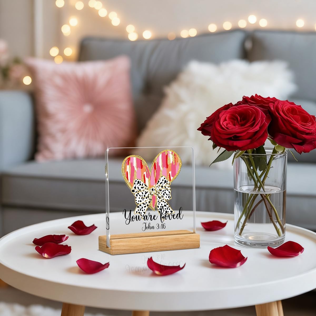 Valentines Day Decorations, Valentines Day Gifts for Her Him, Gift for Boyfriend Girlfriend Husband Wife, John 3:16 Pink Love Bow Christian Acrylic Sign with Wooden Stand, Bedroom Office Desk Decor image 4