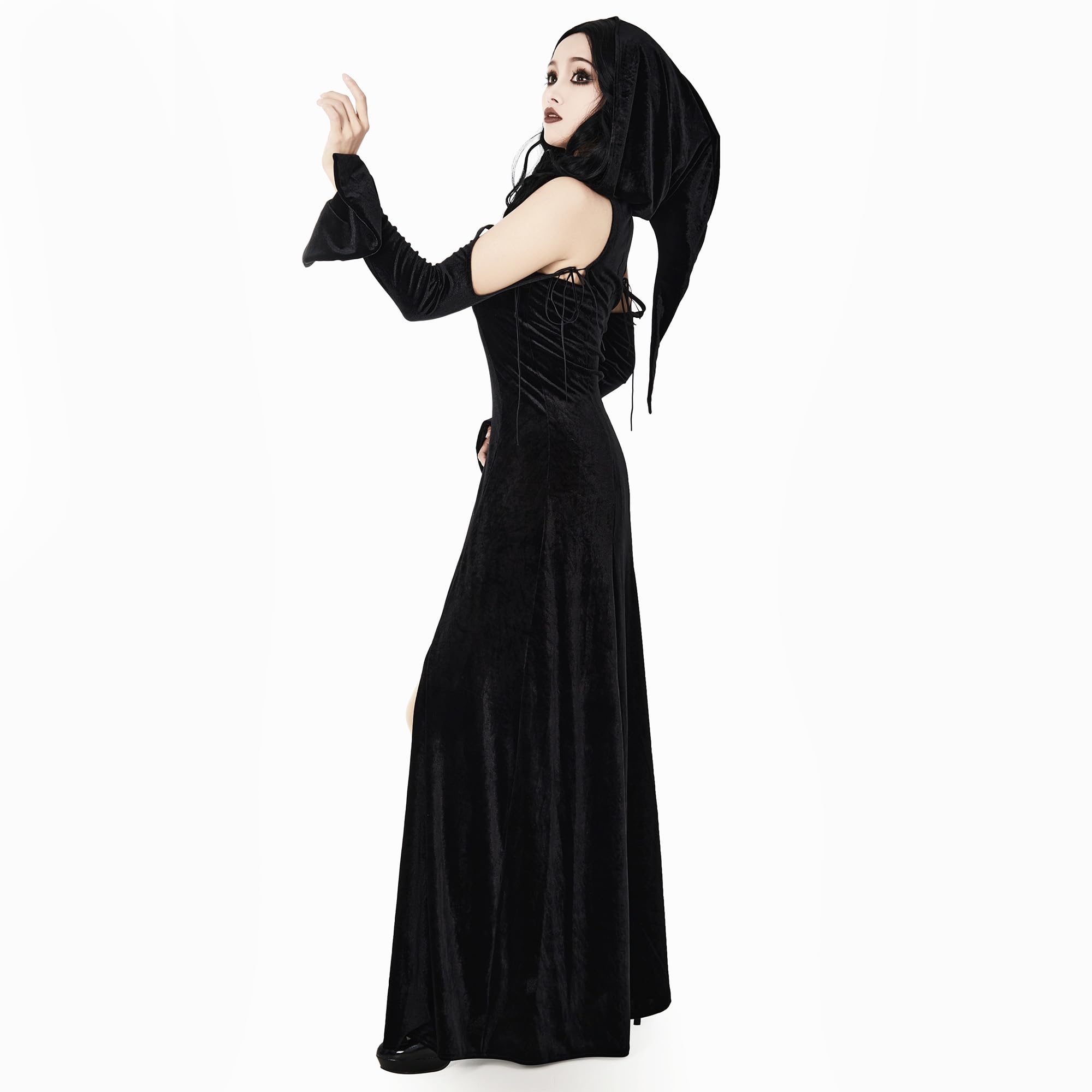 MEOWCOS Women Gothic Dress Wicked Witch Halloween Dress Split Off-Shoulder Hooded Dress Casual Party Dress