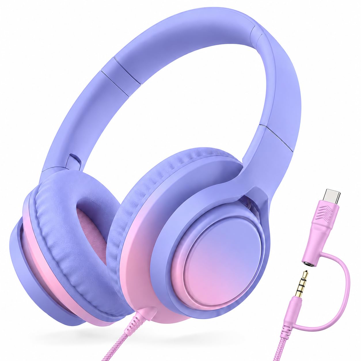 Kids Over-Ear Headphones, 85/94dB, Mic, USB-C Adapter, Pink