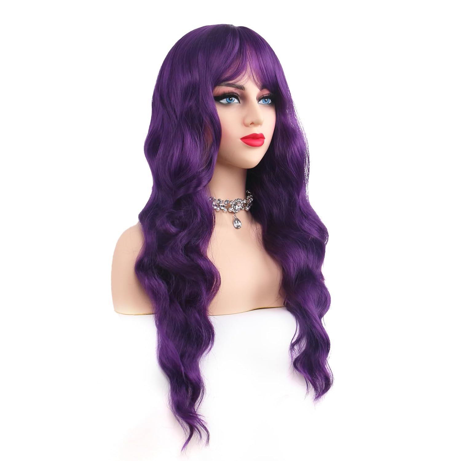 Purple Wigs with Bangs for Women 26 Inch Long Wavy Wigs With Bangs Curly Synthetic Wig Heat Resistant Synthetic Colorful Cosplay Wig - Image 9