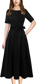 Womens Elegant Patchwork Pockets Pleated Work Office Business Casual Party Belted A-Line Midi Dress - Buy now