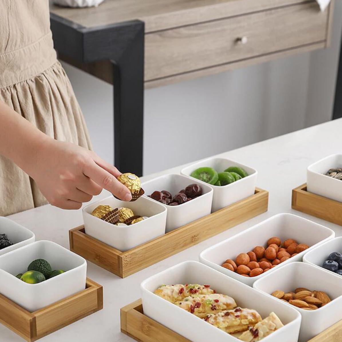 ABOOFAN Bandeja de Cerámica Dividida para Aperitivos Compartimentos, Fácil de Limpiar y Portátil, Adecuado para Servir Snacks en Casa