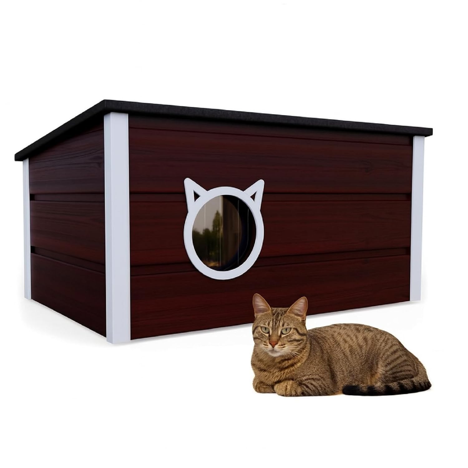 Large Insulated Pine Cat House with Bitumen Roof - 73.5 × 52.5 × 38 cm - Weatherproof, Warm & Spacious - For 2 Cats Includes Curtain (Colour 7)