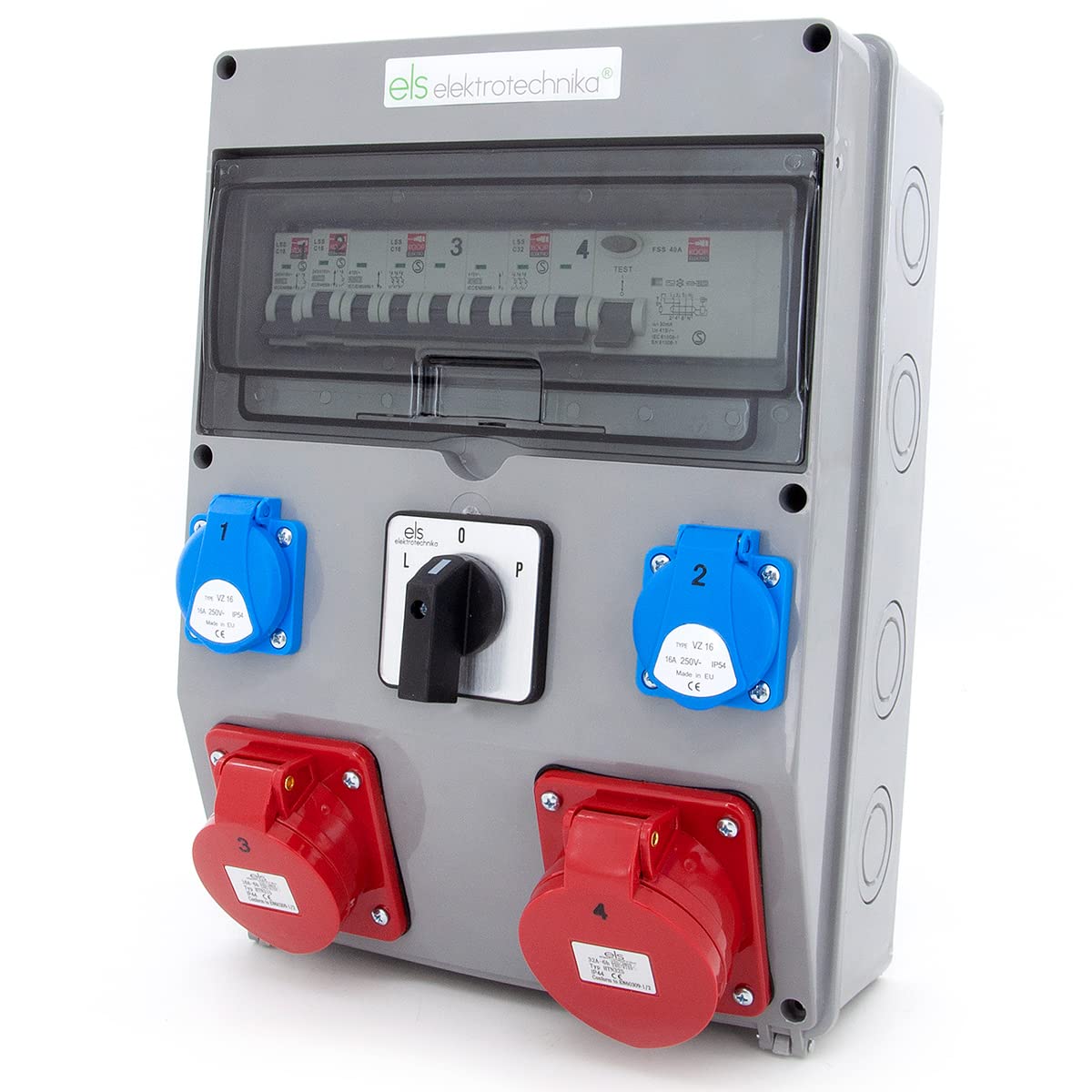 Verkoop :: Elektra :: Wandverdeelkasten :: Verdeelblok 1x CEE 400V 32A, 1x CEE 400V 16A, 4x Schuko 230V, 1x LS C332 1x LS C316 2x LS C116 RCD 40A 30mA