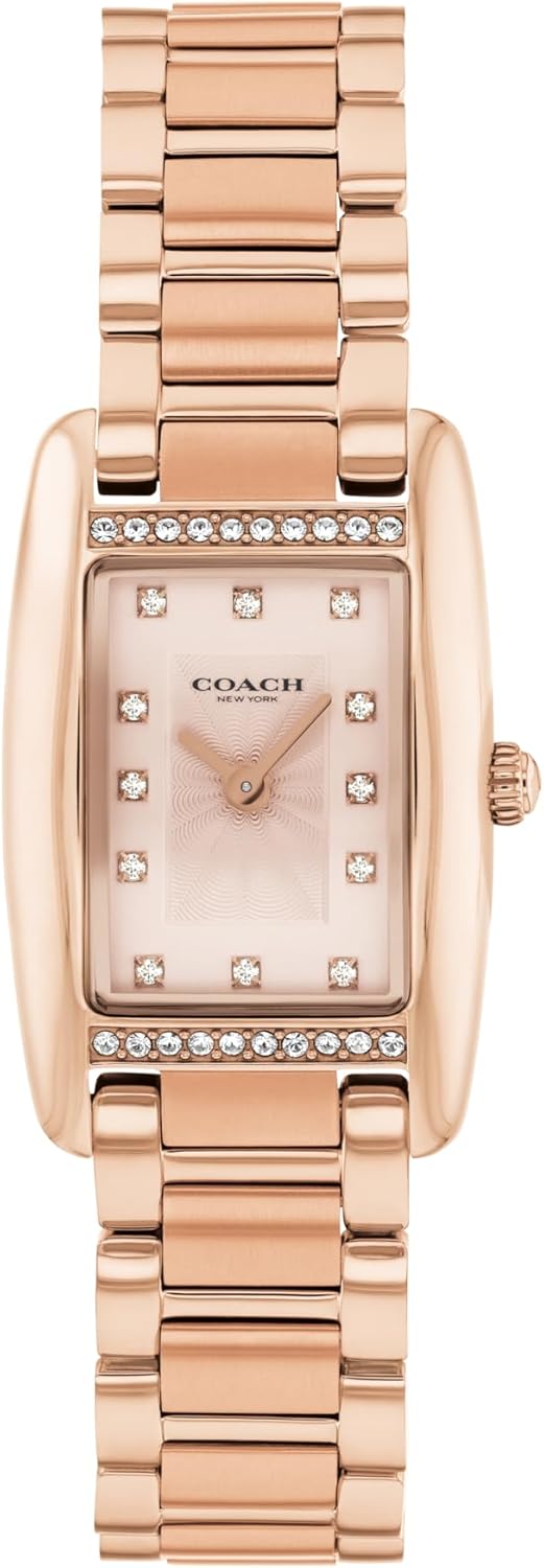 COACH Women's Reese 2H Quartz Watch, Petite Rectangle Case, Stainless Steel Link Bracelet with Crystal Accents, Timeless Minimalism for Every Day - Gift for Her