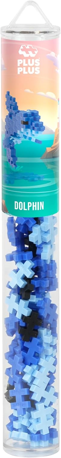Clear tube packaging of the PLUS PLUS Dolphin Building Set, filled with blue, light blue, and black Plus-Plus pieces.