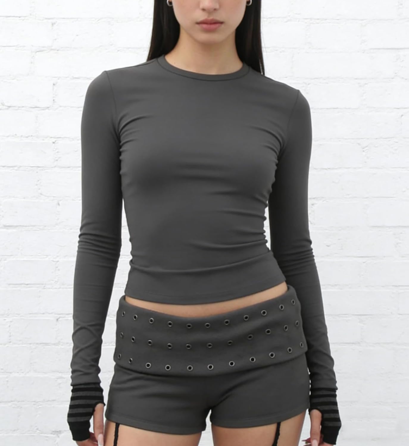 Franhais Womens Fold Over Shorts Y2K Metal Eyelet Goth Punk Micro Shorts Sexy Low Rise Bodycon Mini Bottoms Streetwear 90s