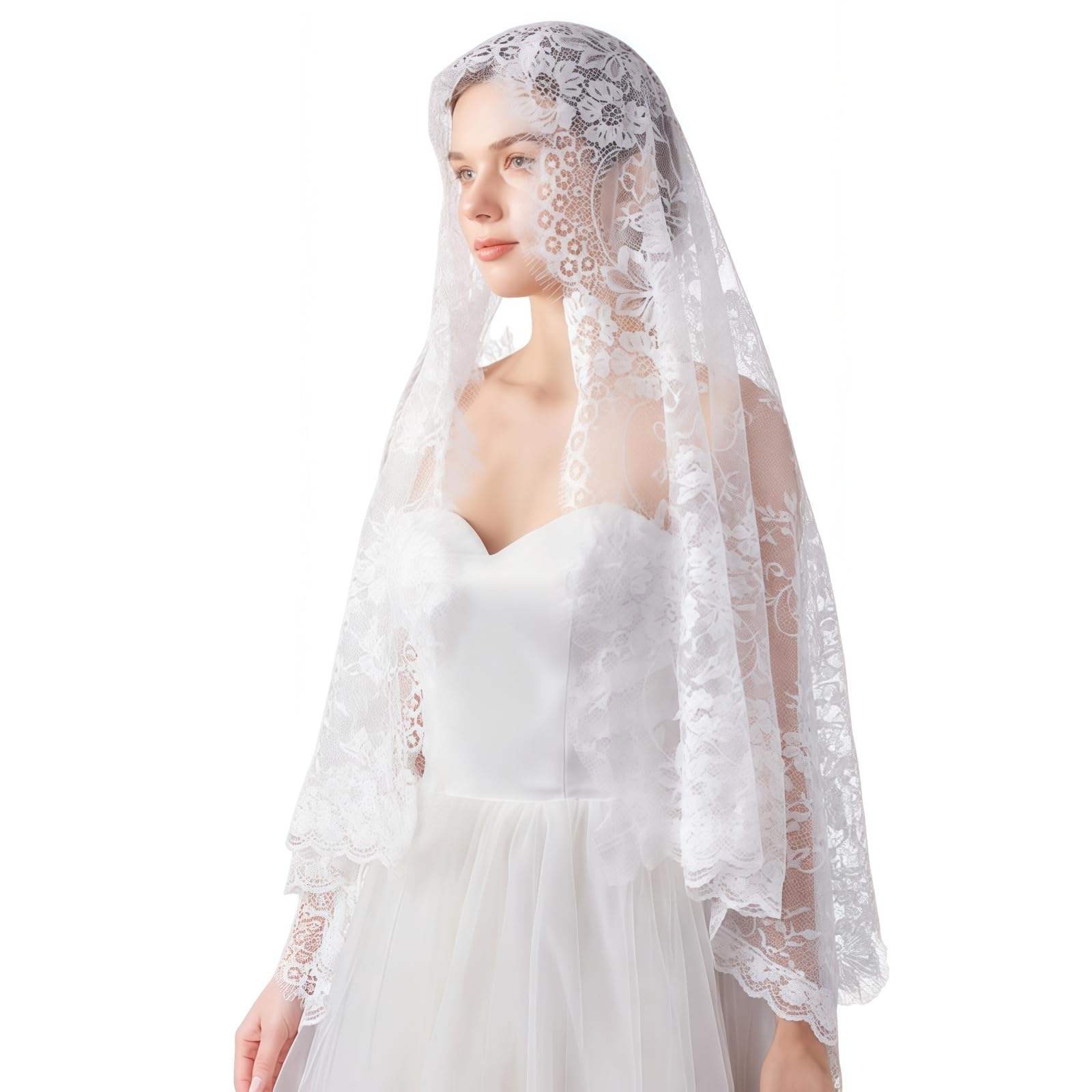 TouKingda White Mantilla Veil for Mass Floral Lace Catholic Head Covering Scarf Shawl for for Women Church Headband Latin Mass Veils for Funeral Wedding Bride