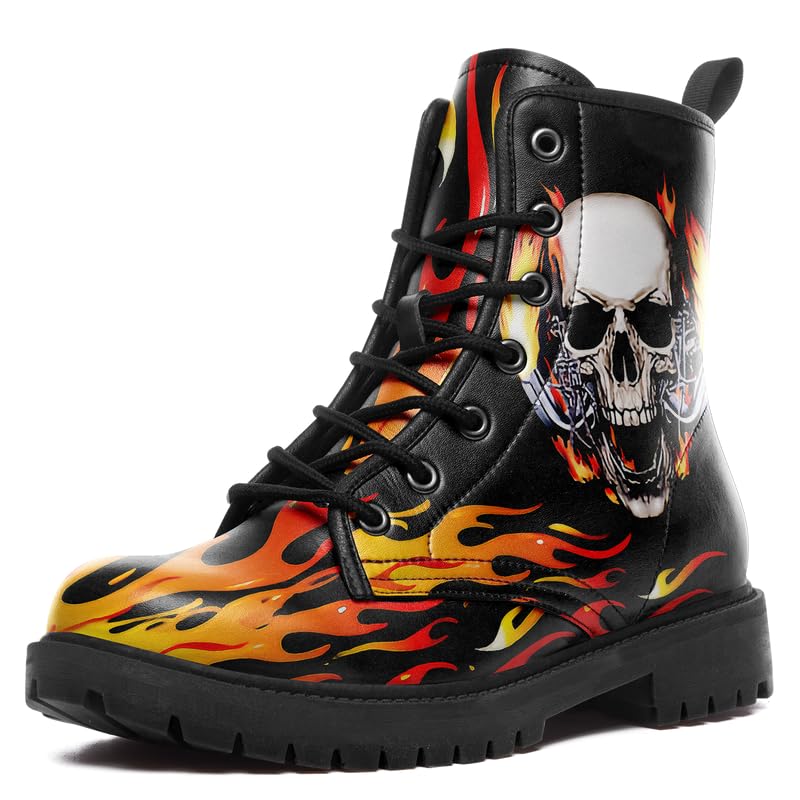 Image of Custom Black Combat Boots for Women Fashion Lace-Up Skull Rose Ankle Booties Chunky Heel Platform Leather Boots