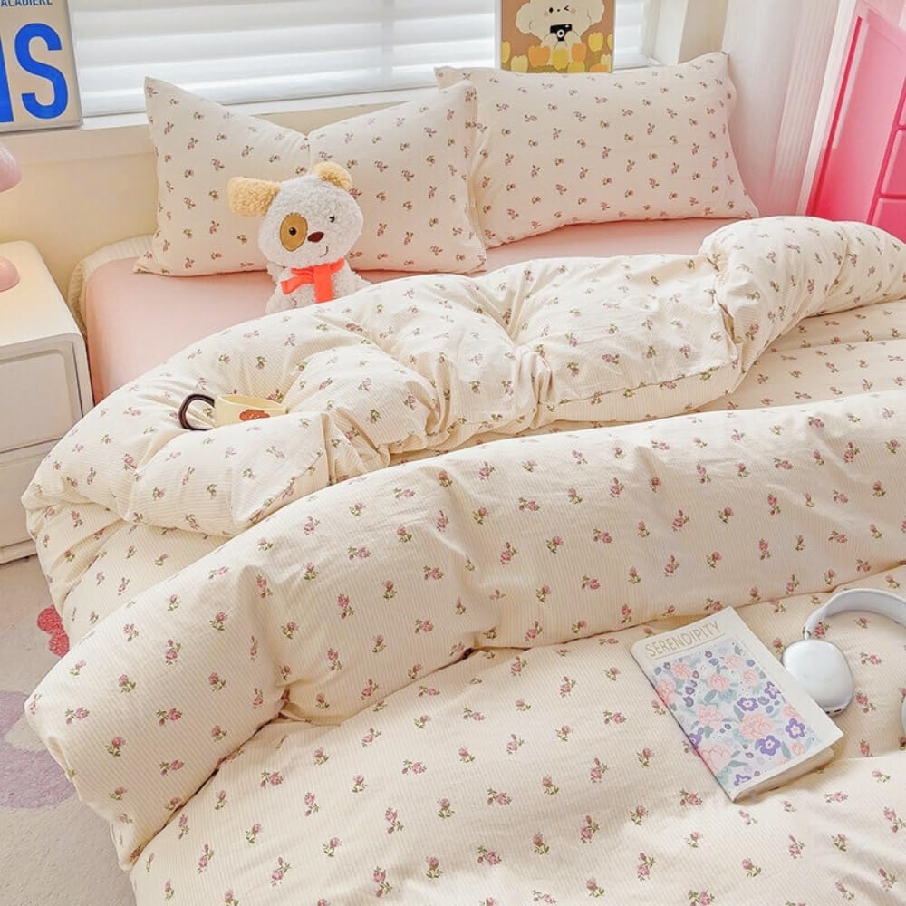 Michorinee Single Duvet Cover Set Pink Rose Stripe Pattern Romantic Floral Girls Flower Beige Bedding Set including Zipper Closure Soft Washed Microfibre Aesthetic Quilt Cover with 1 Pillowcase 50x75 cm - Image 2
