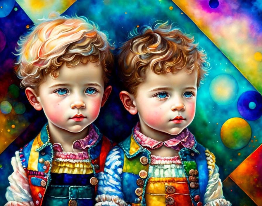 Tableau sur toile 58 x 90 cm Little Twin Boys From Halfbody d'art de patchwork