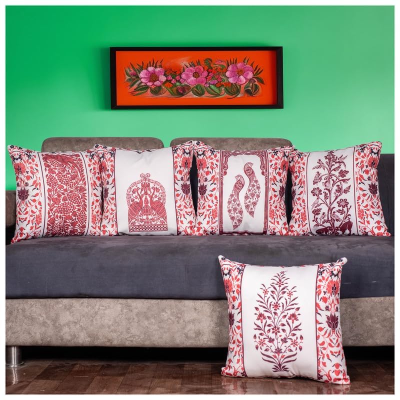Image of Decorative Satin Sofa Cushion Covers Set of 5, 16 x 16 Inches, Multicolor Floral Printed Pillow Covers for Living Room, Bedroom, Couch & Sofa, Soft Glossy Fabric, Zipper Closure