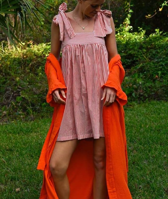 Image of Women Tie Shoulder Mini Dress Floral Ruffle Babydoll Dress Boho Square Neck Sundress Cute Summer Dresses