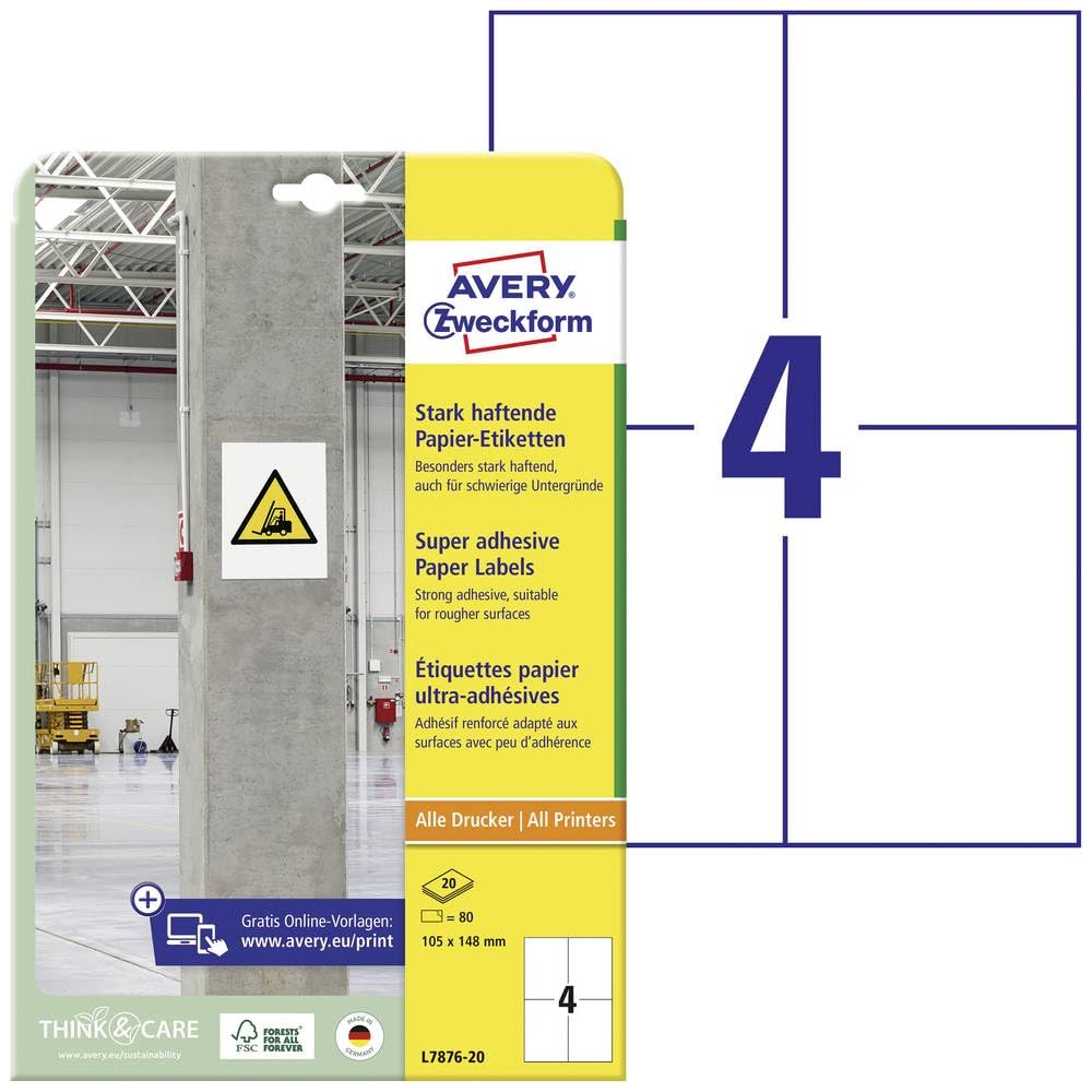 AVERY Zweckform 80 Strong Adhesive Labels, 105 x 148 mm, White, Extra Strong Self-Adhesive, Printable