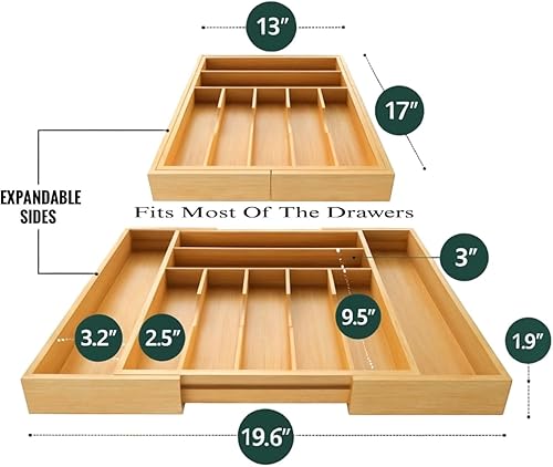 Miniatura 2 de Organizador de cajones de bambú  Bandeja extensible de 9 ranuras para cocina, oficina y cocina  Se adapta a cajones de 13 a 19.6 pulgadas, madera de