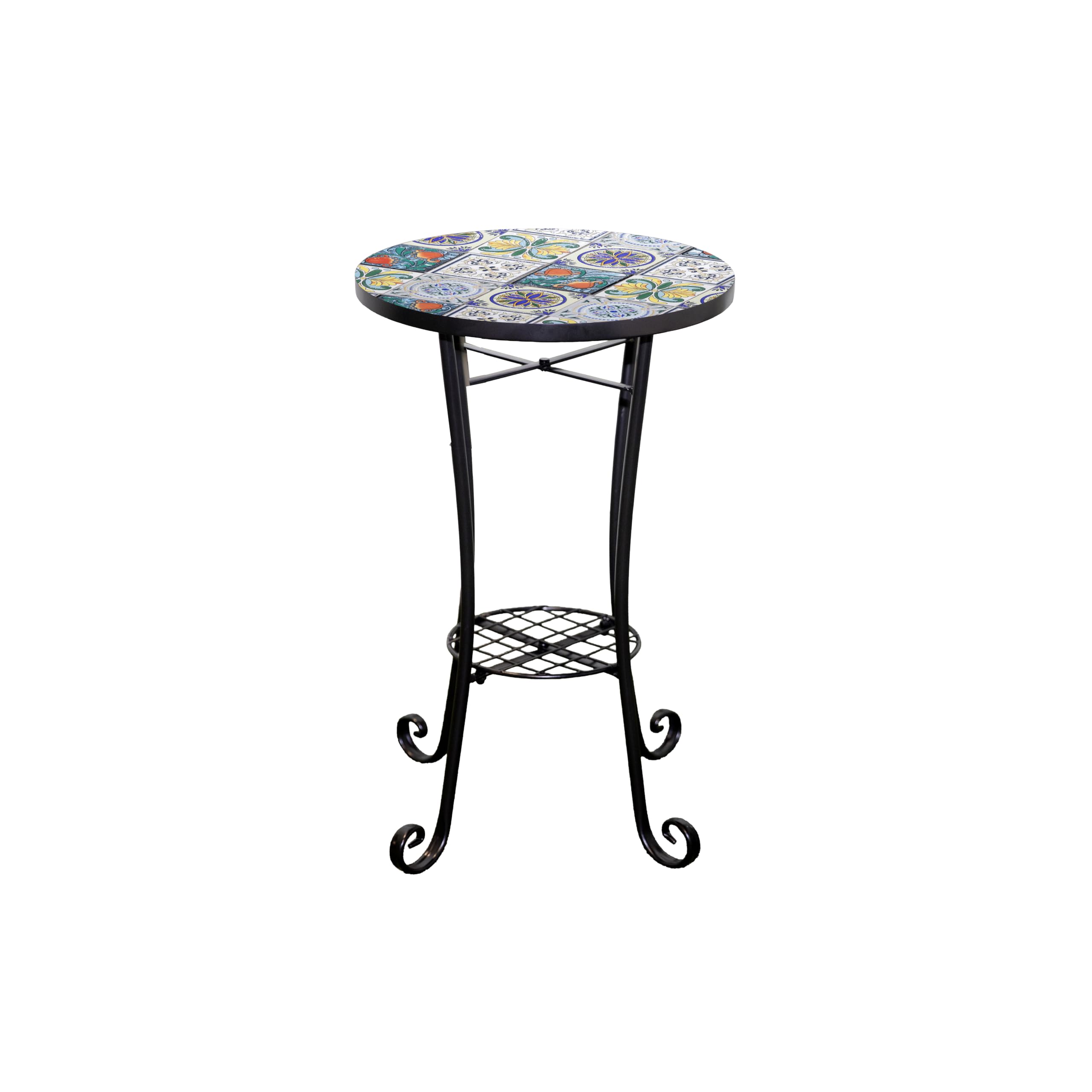 Mosaic Garden Table Outdoor Plant Stand 35cm with Shelf - Metal Ceramic Tile Top - Lisbon Round Small Accent Side Table for Balcony, Terrace, Porch, Garden, Patio, Plant Display and Home Décor