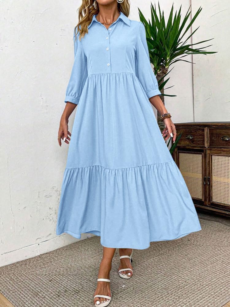 chouyatou Women's Casual Button Up Polo Collar Shirt Dress 3/4 Sleeve Ruffle Tiered Maxi Long Dress - Image 6