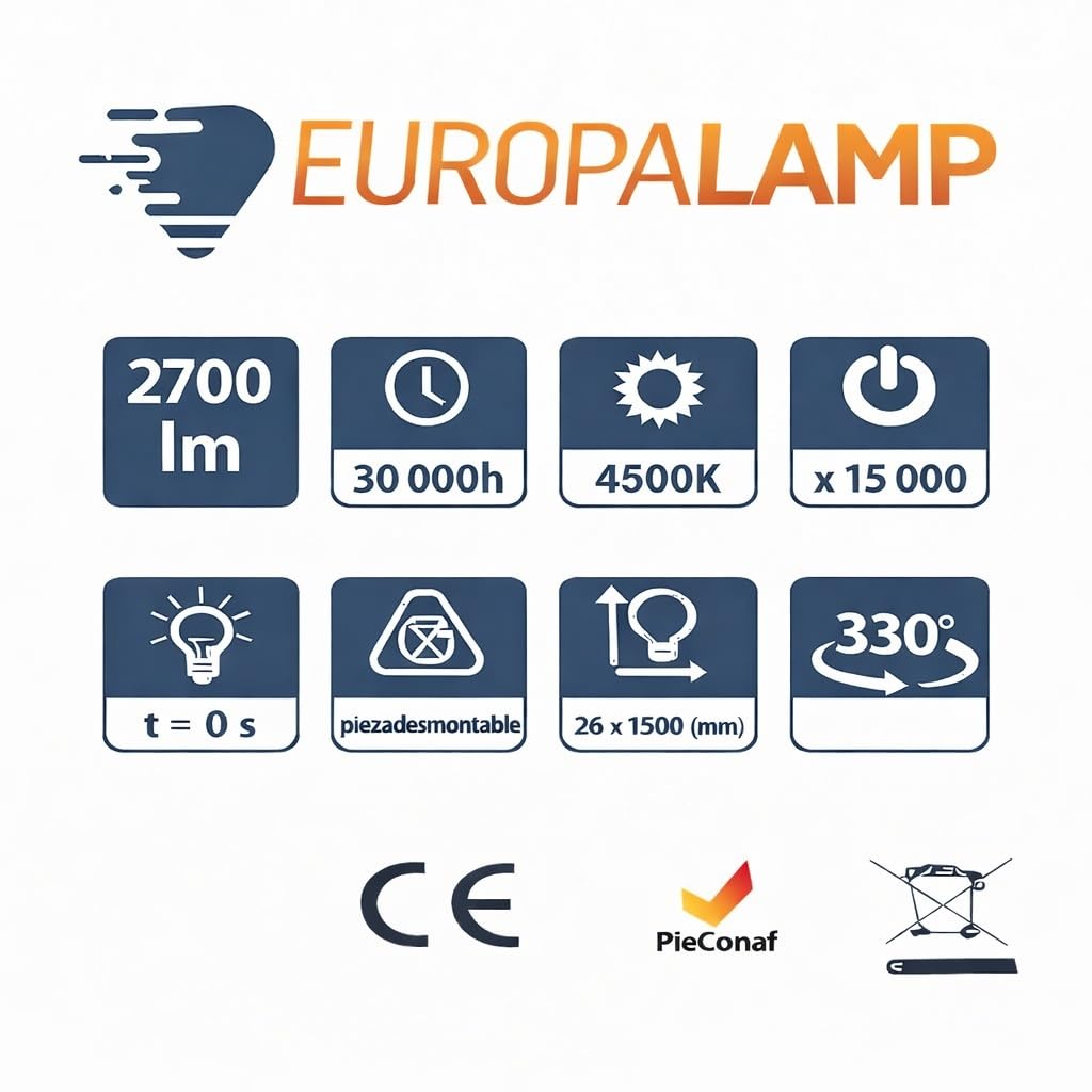 Europalamp - Tubo de neón LED 25 W, 150 cm, T8 blanco, gama Pro (4500 K, blanco neutro, 15)