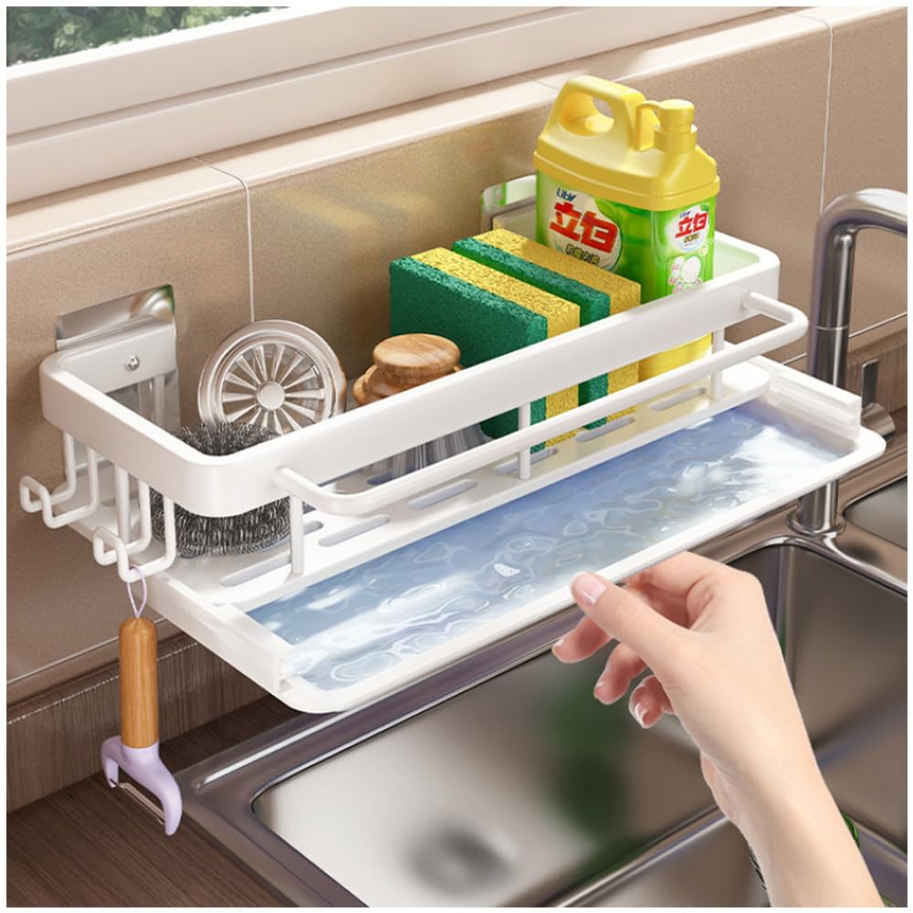 Axroad Mall Wall Mounted Kitchen Sink Caddy, No Drilling Sponge Holder for Sink Tidy, Washing Up Organiser with Removable Drip Tray and Hooks (White) â image 1