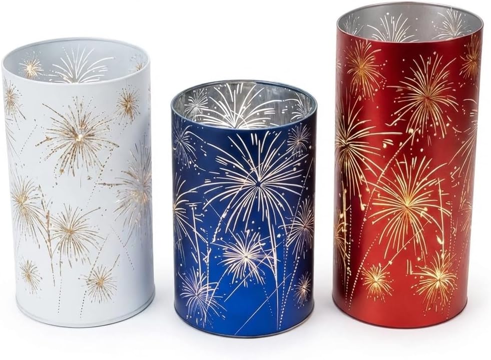 Set of 3 LED Hurricane Candle Holders with Warm White Twinkling Lights, Etched Firework Starburst Glass Pedestal Centerpiece for Mantel, Dining Table, Wedding and Holiday Decor