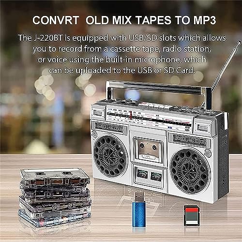 Boombox retrò con lettore CD e nastro, lettore cassette Bluetooth, radio FM/DAB+, registrazione USB, registratore a cassette per riunioni di famiglia e viaggi