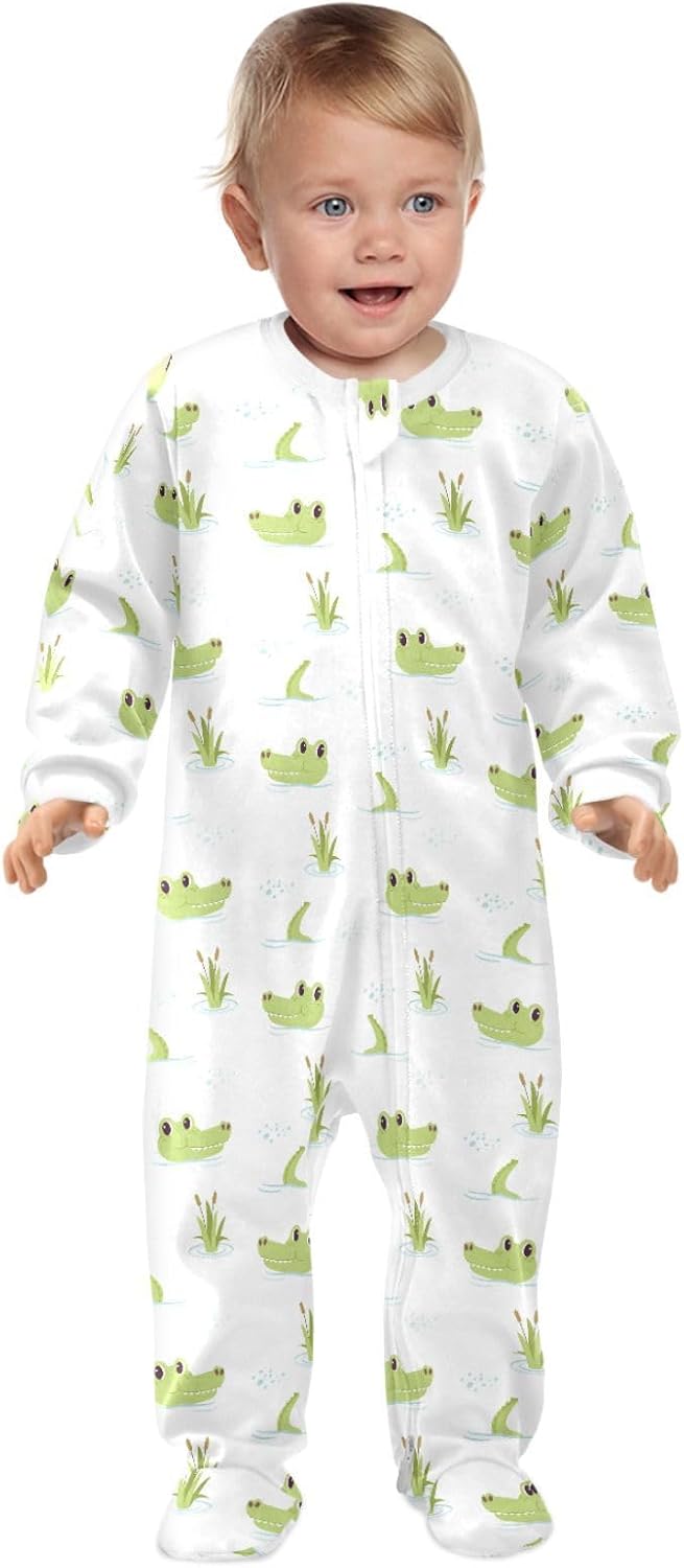 Green Alligator Swimming Lake Baby Girl Boys Sleeper Newborn Baby Play One Piece Footie Infant Romper, 0-24 Months