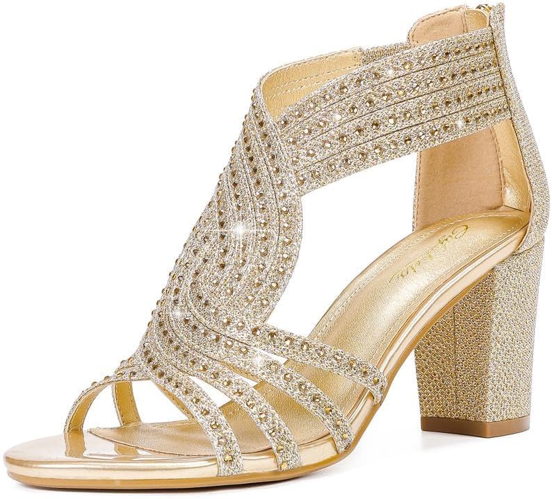 Women's Rhinestone Sparkly Chunky Block Heel Sandals Open Toe Dressy Shoes with Zipper Closure for Wedding Prom Homecoming Hoco Formal Events - Image 4