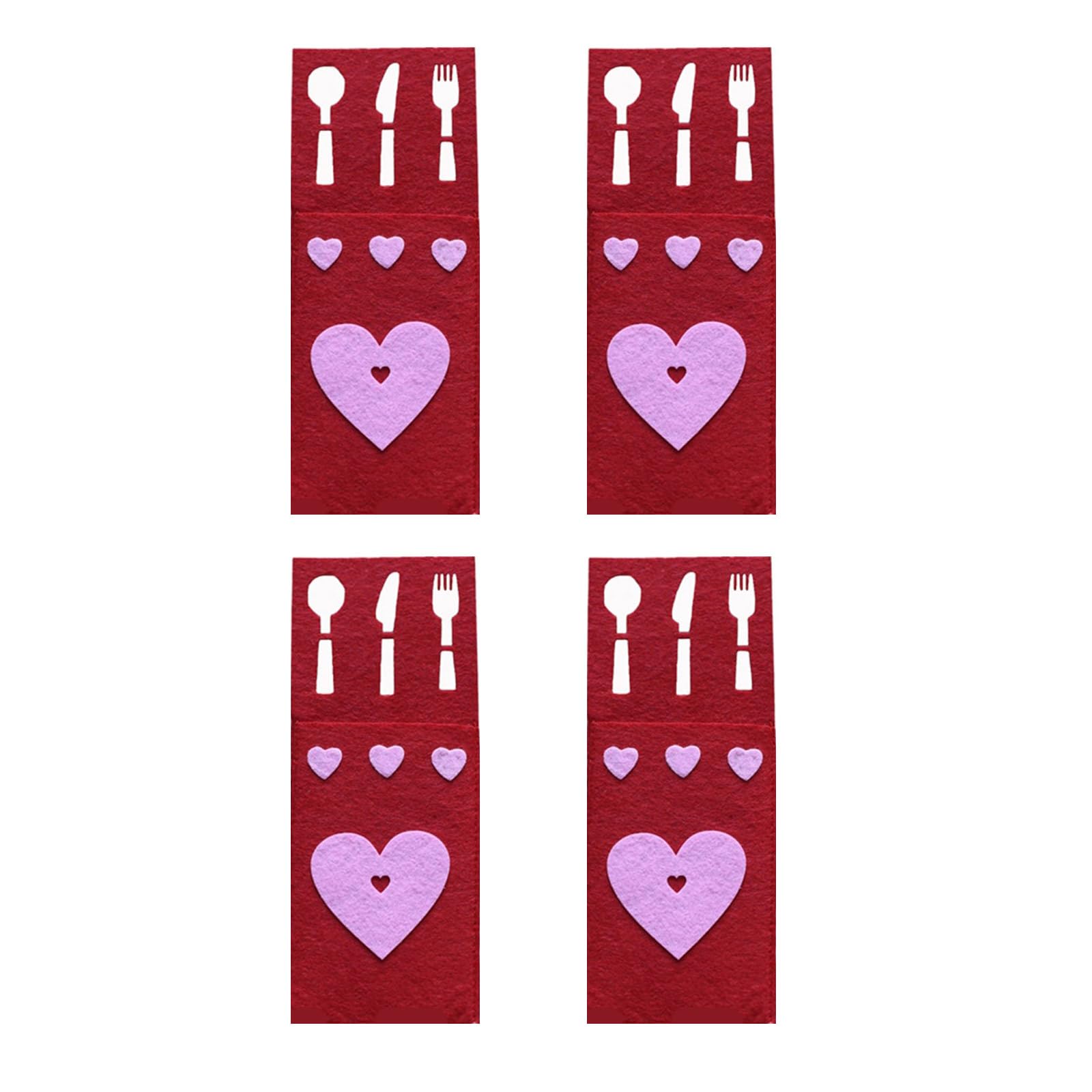 Kalttoy Heart 4Pcs Valentine ' S Day Fabric Flatware Holders Rectangular Cutlery Storage Bags Holiday Party Silverware Organizers Fabric Utensils Bag