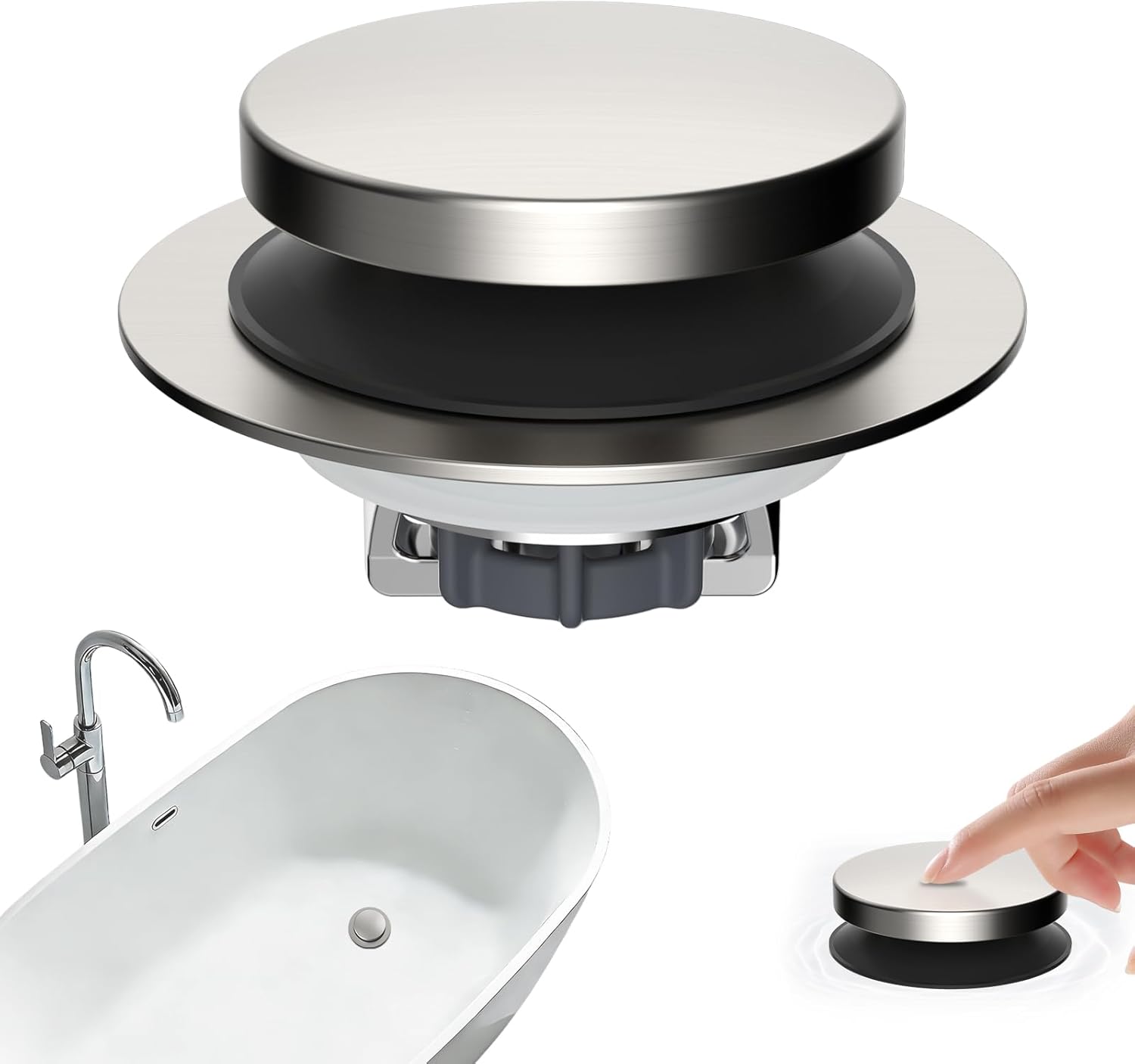 Hibbent 3 in 1 Metal Bathtub Drain Stopper, Universal Pop Up Tub Stopper, Bathtub Drain Hair Catcher, Removable Filter Basket, Drain Plug for 1.5''~2.4'' Drain, Brass Bullet Core, Brushed Ni