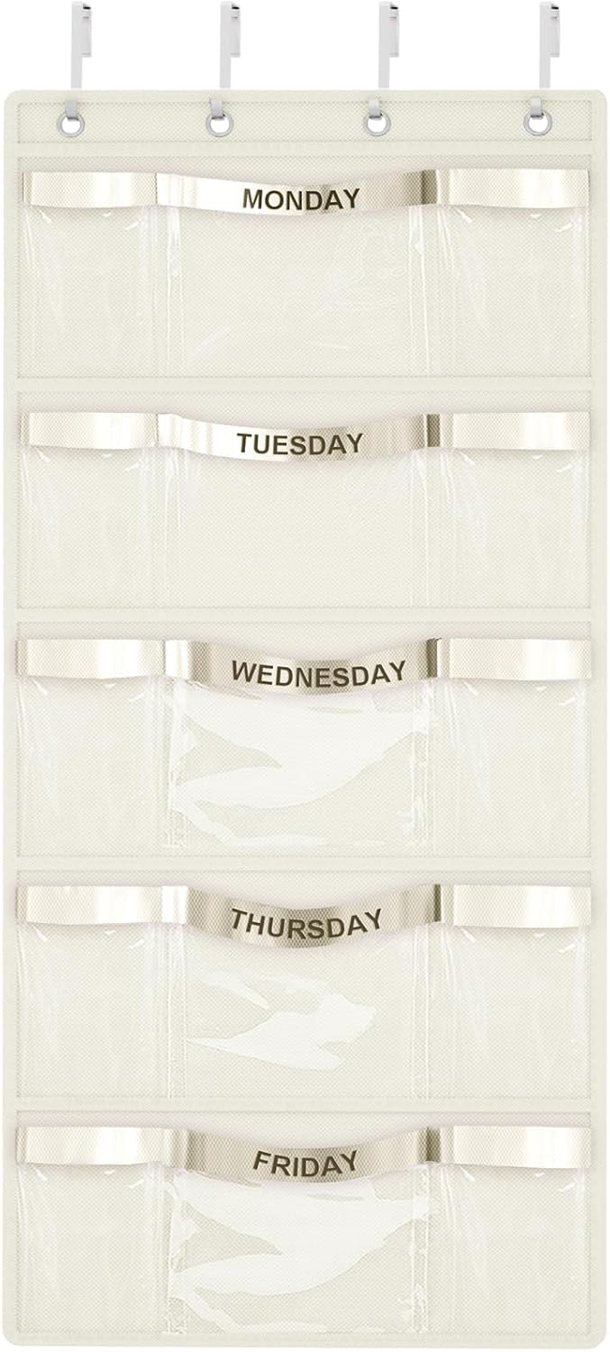 VERONLY Weekly Hanging Closet Organizer for Kids,Day of Week Kids Clothes Organizer,School Clothing Storage Monday to Friday Hanging Closet Organizer Shelves for Bedroom,Bathroom,Dorm (Beige)
