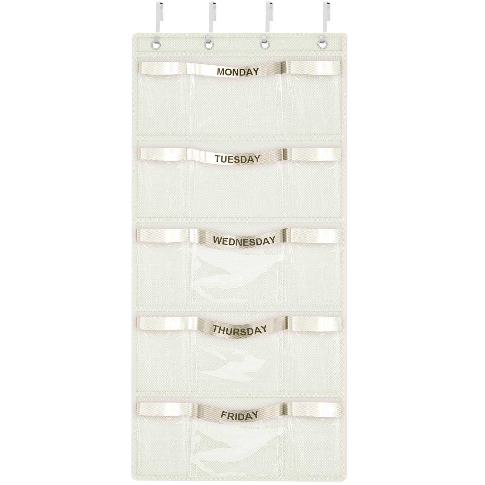 Weekly Hanging Closet Organizer for Kids,Day of Week Kids Clothes Organizer,School Clothing Storage Monday to Friday Hanging Closet Organizer Shelves for Bedroom,Bathroom,Dorm (Beige)