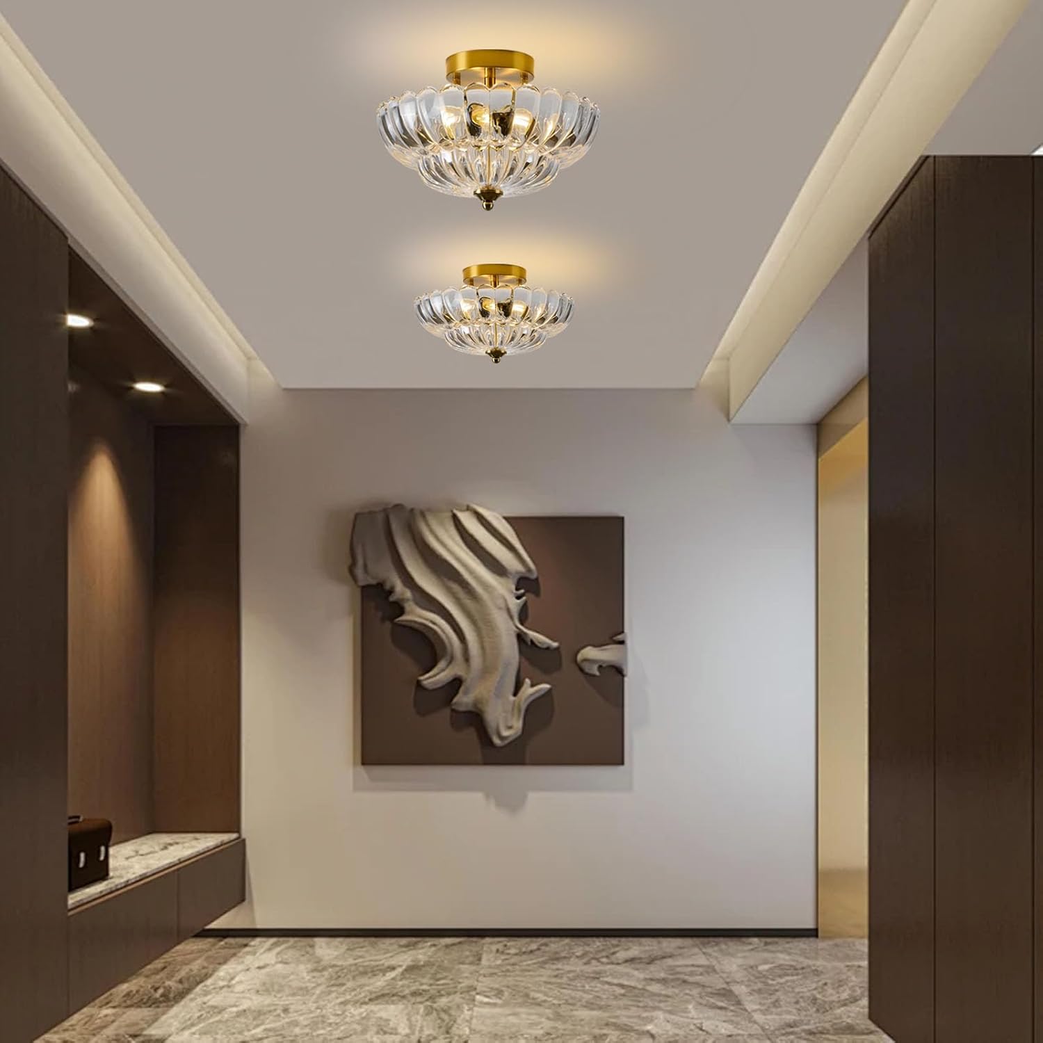 Gold Semi Flush Mount Ceiling Light, 12 Inch Vintage Crystal Light Fixture with 3-Light E26 Base, Modern Close to Ceiling Lamp for Bedroom Hallway Entryway Kitchen Foyer